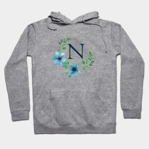 Floral Monogram N Pretty Blue Flowers Hoodie by floralmonogram